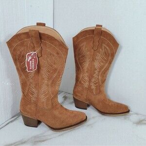 NWT IUV Tan Brown Faux Suede Mid Calf Pointed Toe Western Cowboy Boots, 5